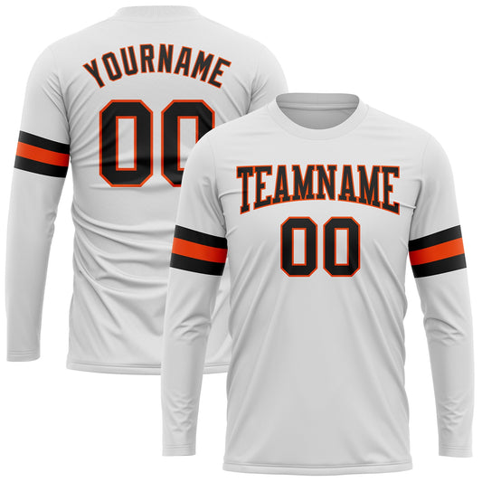 Custom White Black-Orange Long Sleeve Performance T-Shirt - Main View