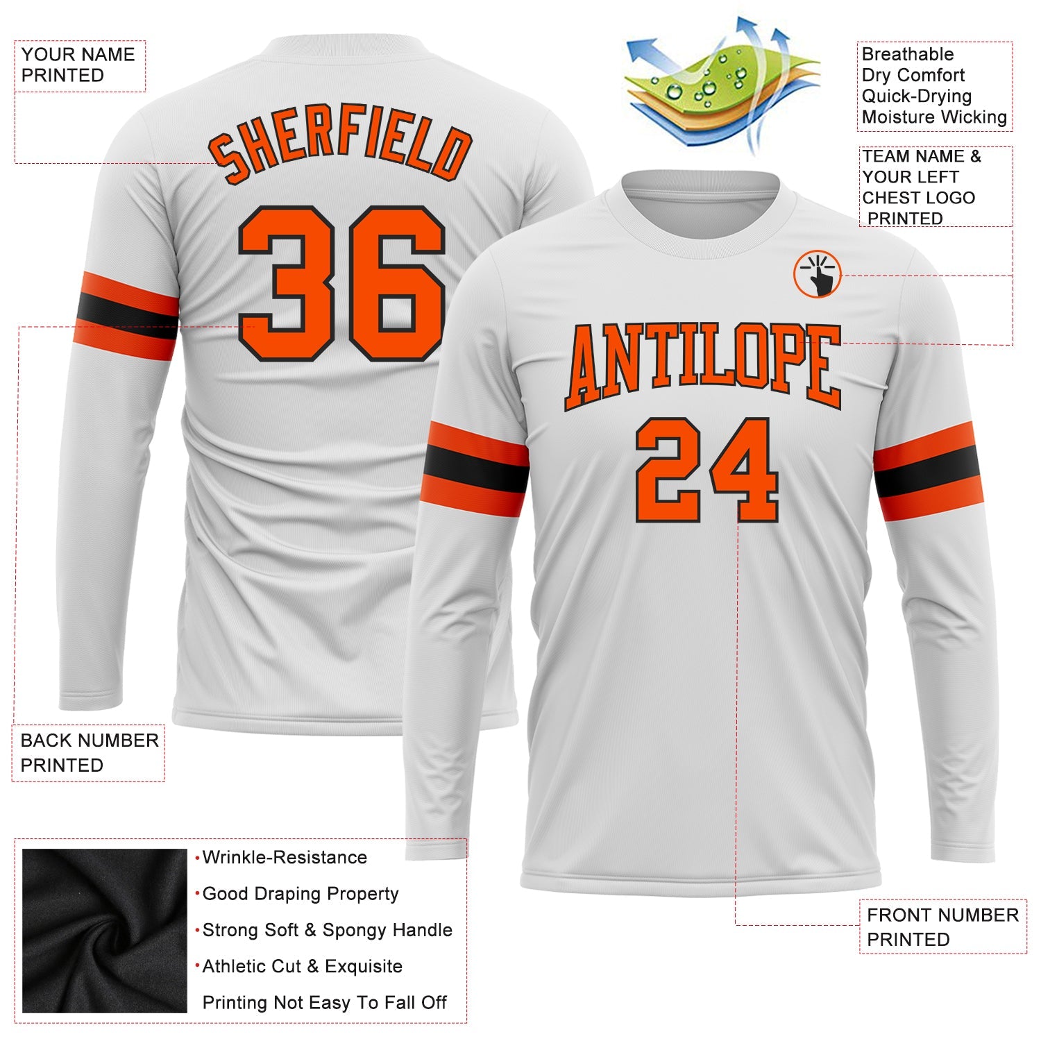 Custom White Orange-Black Long Sleeve Performance T-Shirt view 3