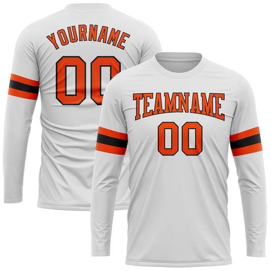 Custom White Orange-Black Long Sleeve Performance T-Shirt - Main View