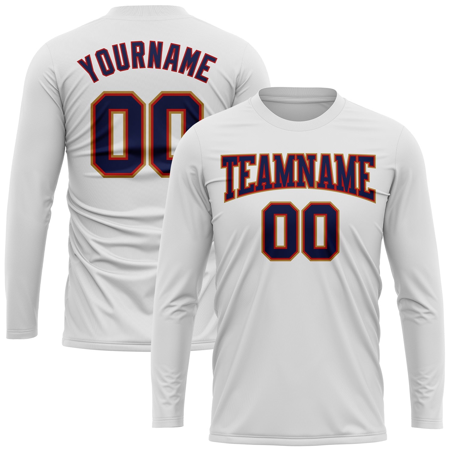 Custom White Navy Red-Old Gold Long Sleeve Performance T-Shirt view 2