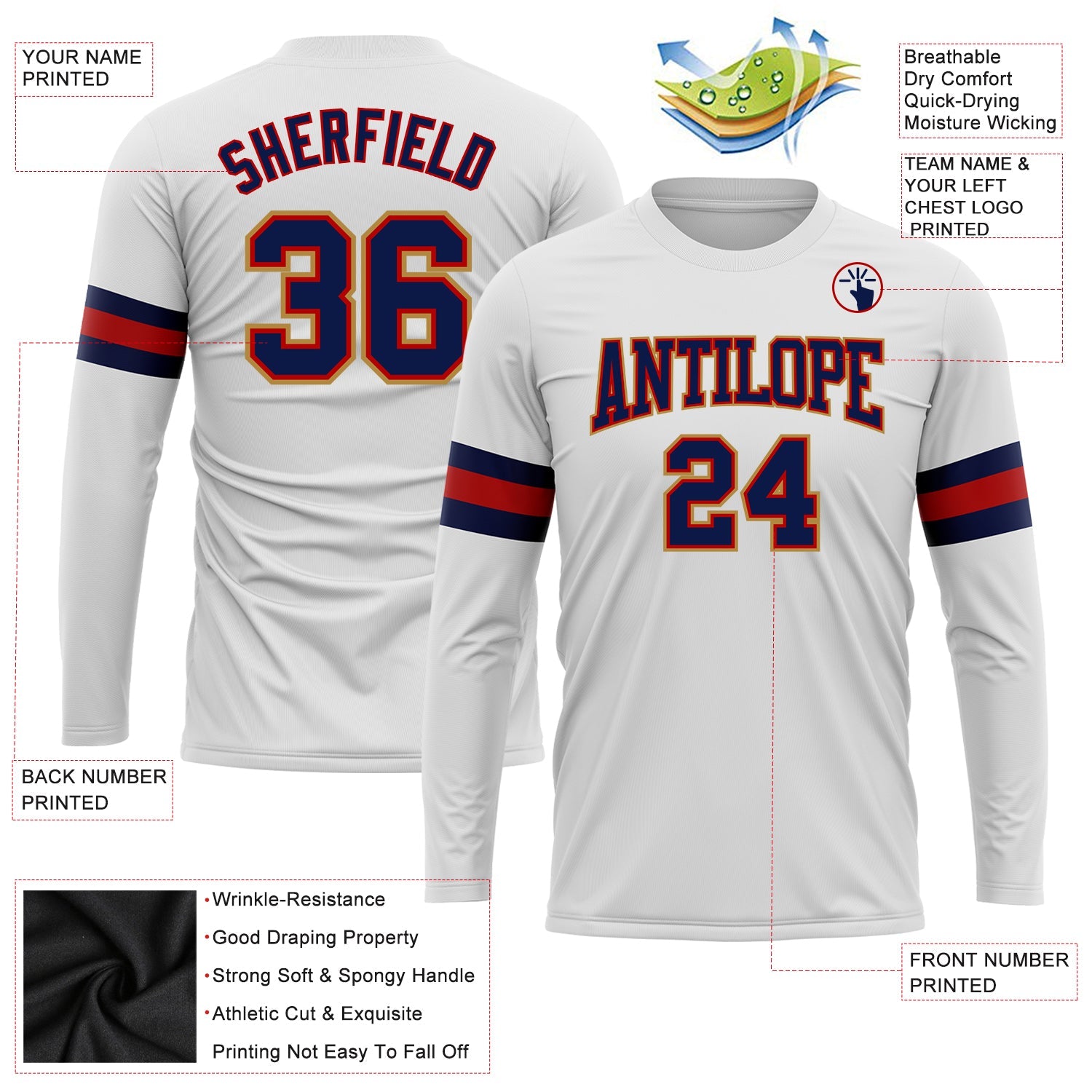 Custom White Navy Red-Old Gold Long Sleeve Performance T-Shirt view 3