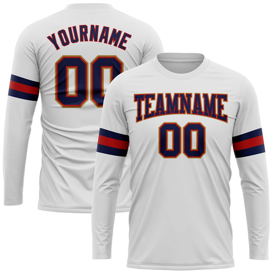 Custom White Navy Red-Old Gold Long Sleeve Performance T-Shirt - Main View