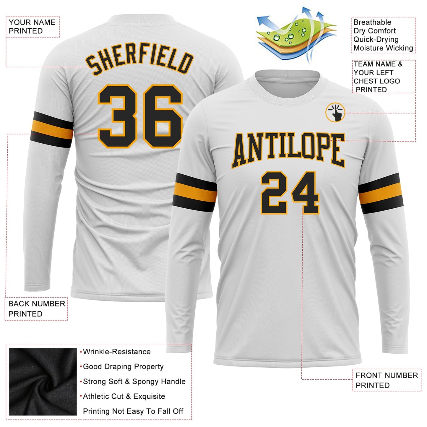 Custom White Black-Gold Long Sleeve Performance T-Shirt view 3