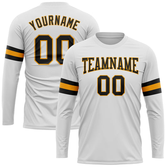 Custom White Black-Gold Long Sleeve Performance T-Shirt - Main View