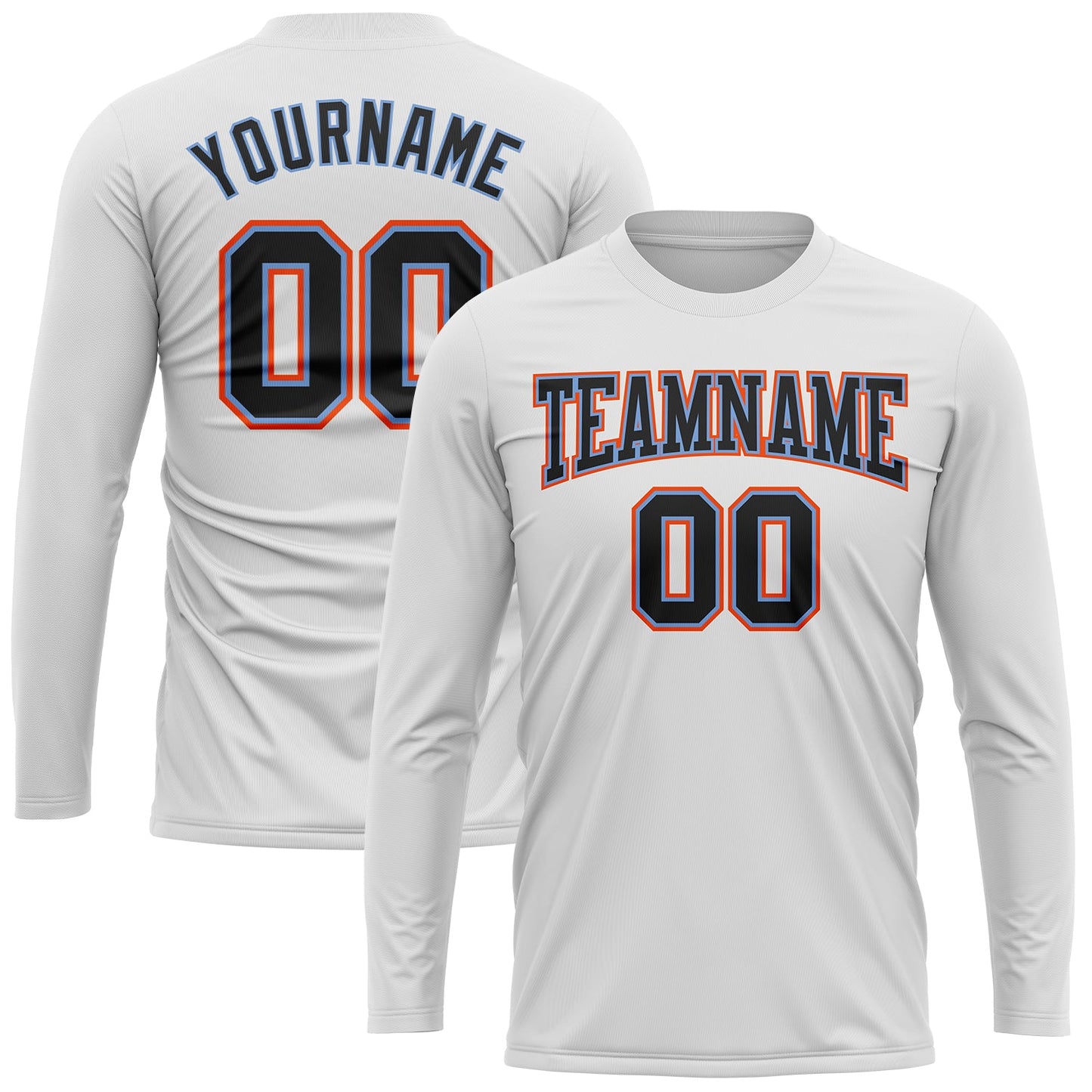 Custom White Black Powder Blue-Orange Long Sleeve Performance T-Shirt view 2