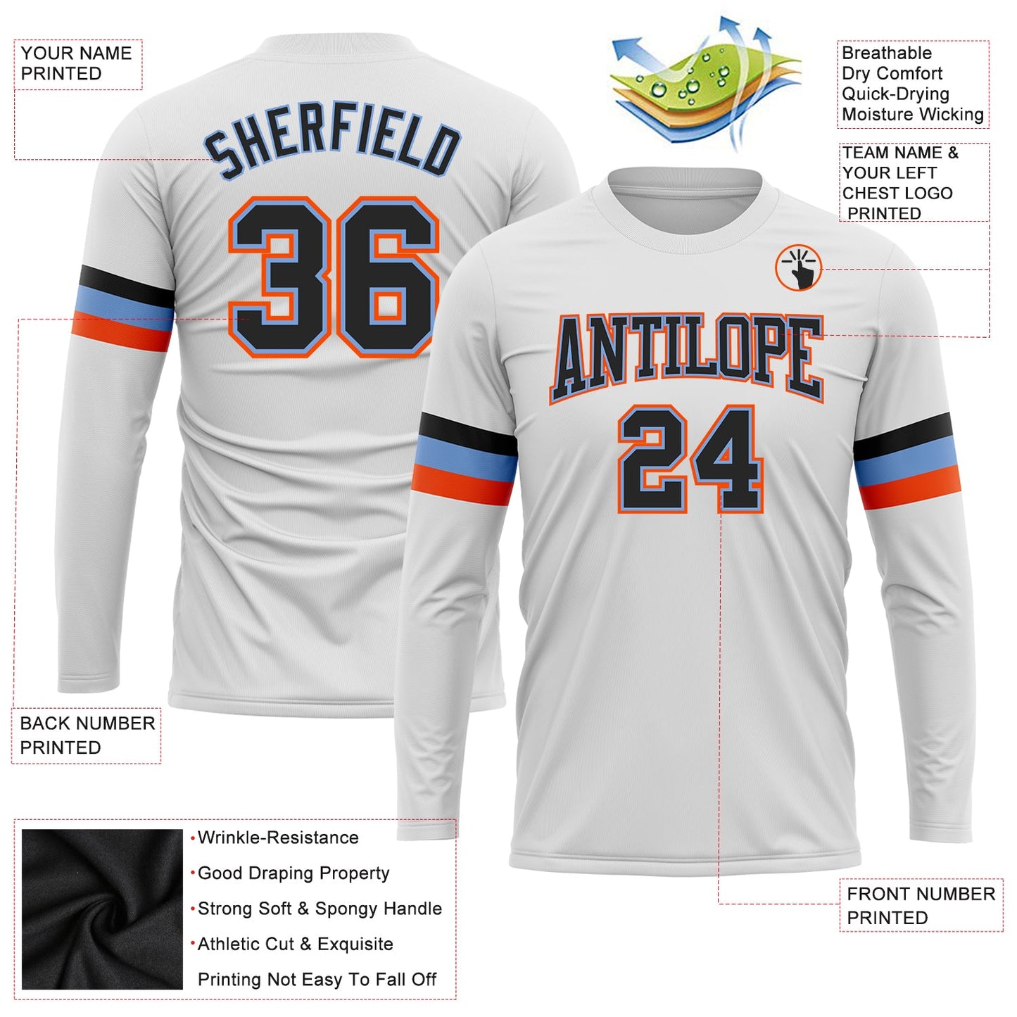 Custom White Black Powder Blue-Orange Long Sleeve Performance T-Shirt view 3