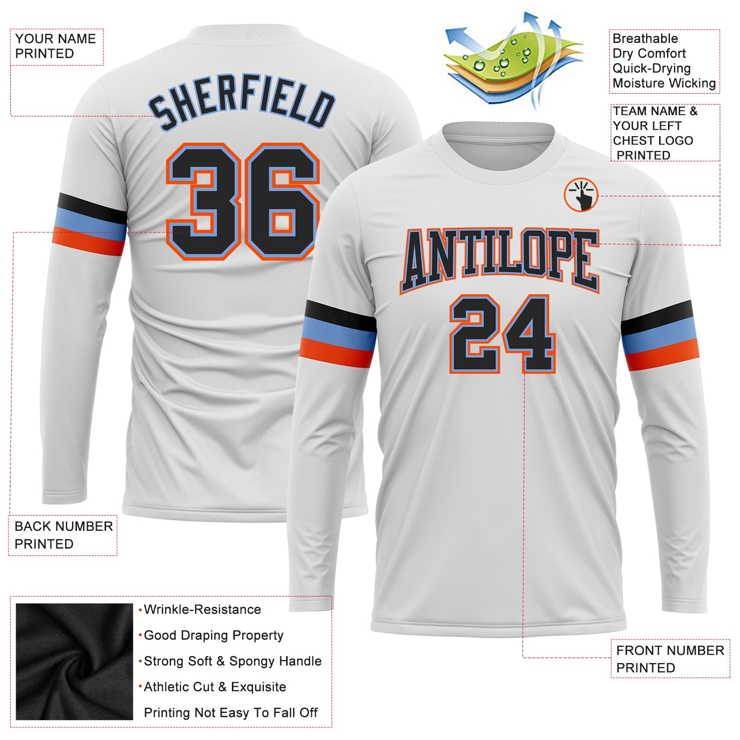Custom White Black Powder Blue-Orange Long Sleeve Performance T-Shirt view 3