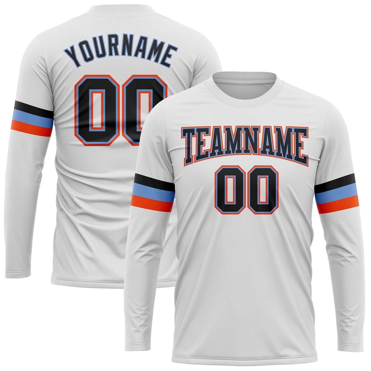 Custom White Black Powder Blue-Orange Long Sleeve Performance T-Shirt - Main View