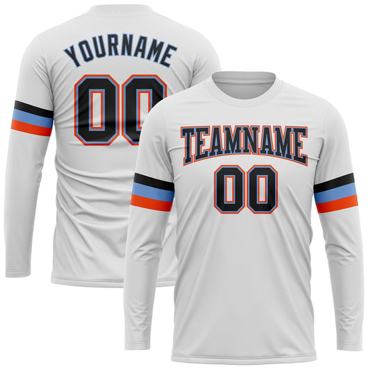Custom White Black Powder Blue-Orange Long Sleeve Performance T-Shirt - Main View