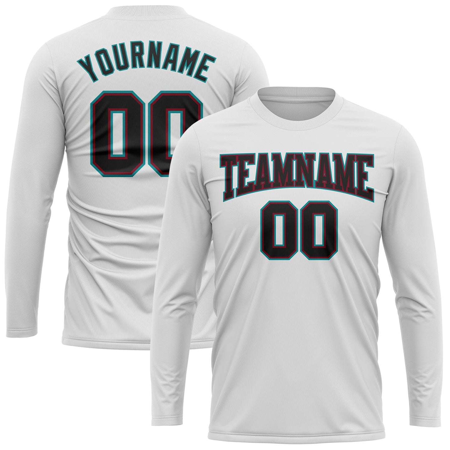 Custom White Black Crimson-Aqua Long Sleeve Performance T-Shirt view 2
