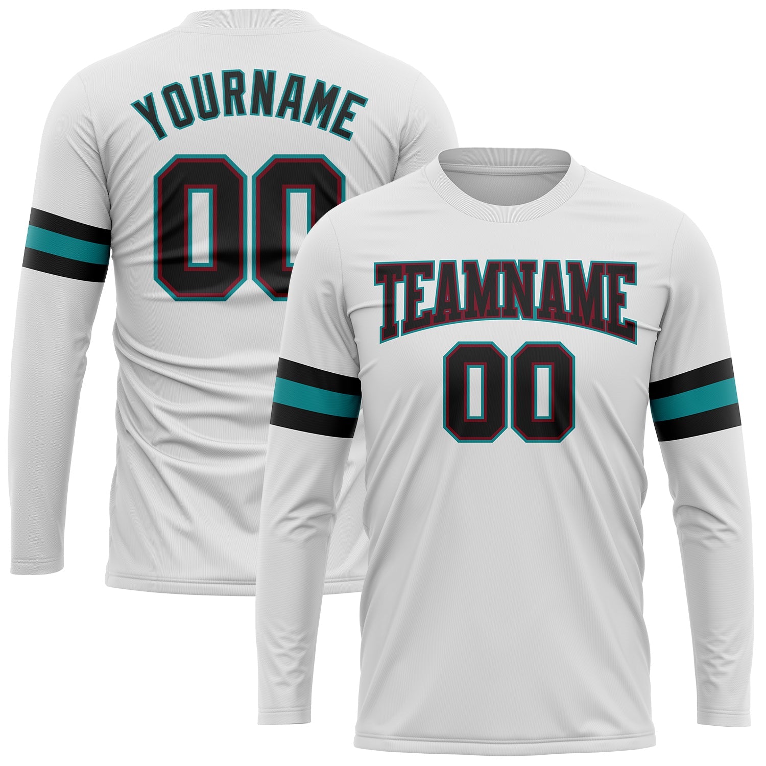 Custom White Black Crimson-Aqua Long Sleeve Performance T-Shirt - Main View