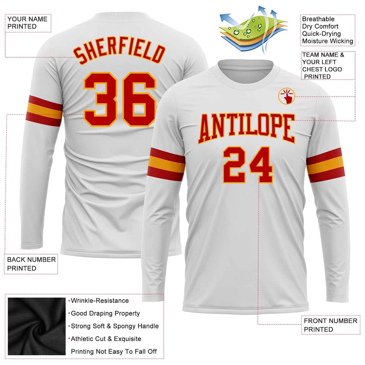 Custom White Red-Gold Long Sleeve Performance T-Shirt view 3