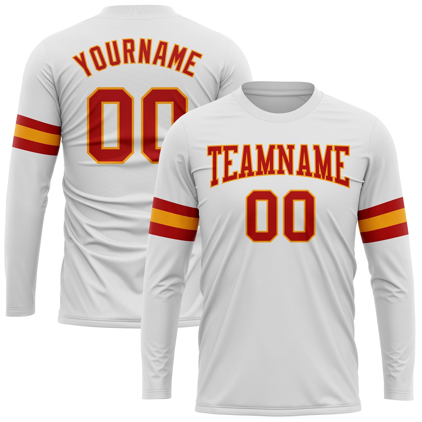 Custom White Red-Gold Long Sleeve Performance T-Shirt - Main View