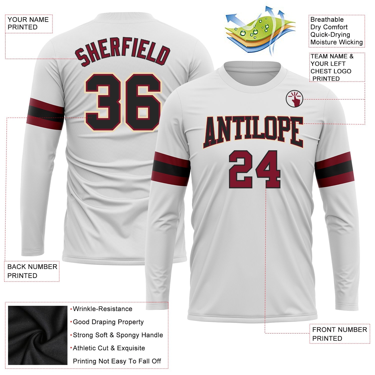 Custom White Black Crimson-Cream Long Sleeve Performance T-Shirt view 3