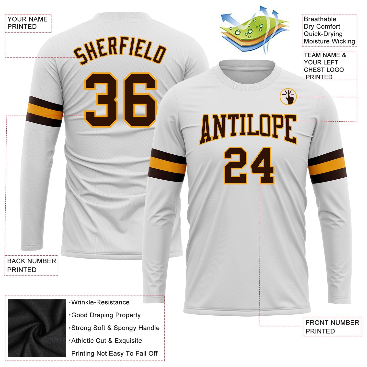 Custom White Brown-Gold Long Sleeve Performance T-Shirt view 3