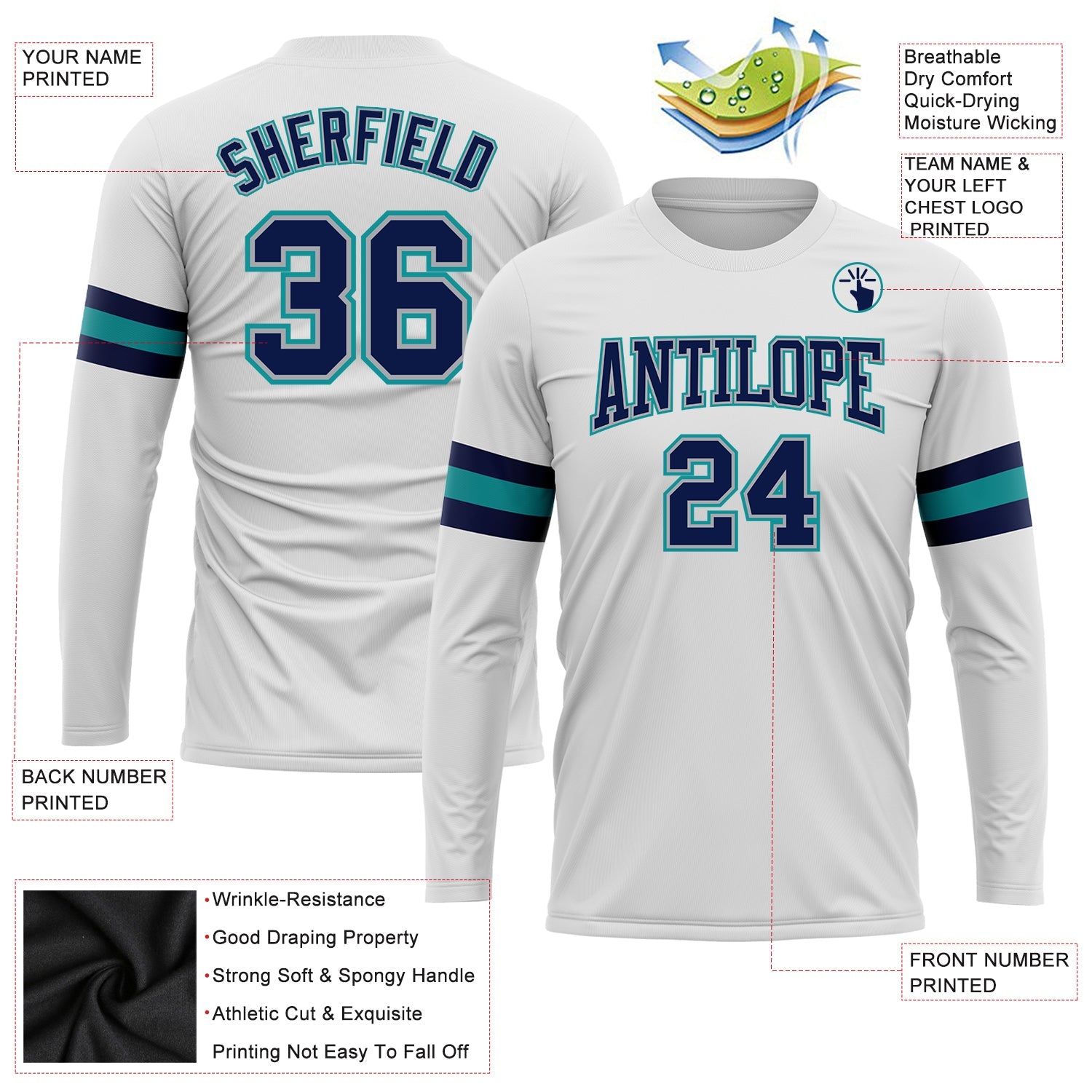 Custom White Navy Gray-Aqua Long Sleeve Performance T-Shirt view 3