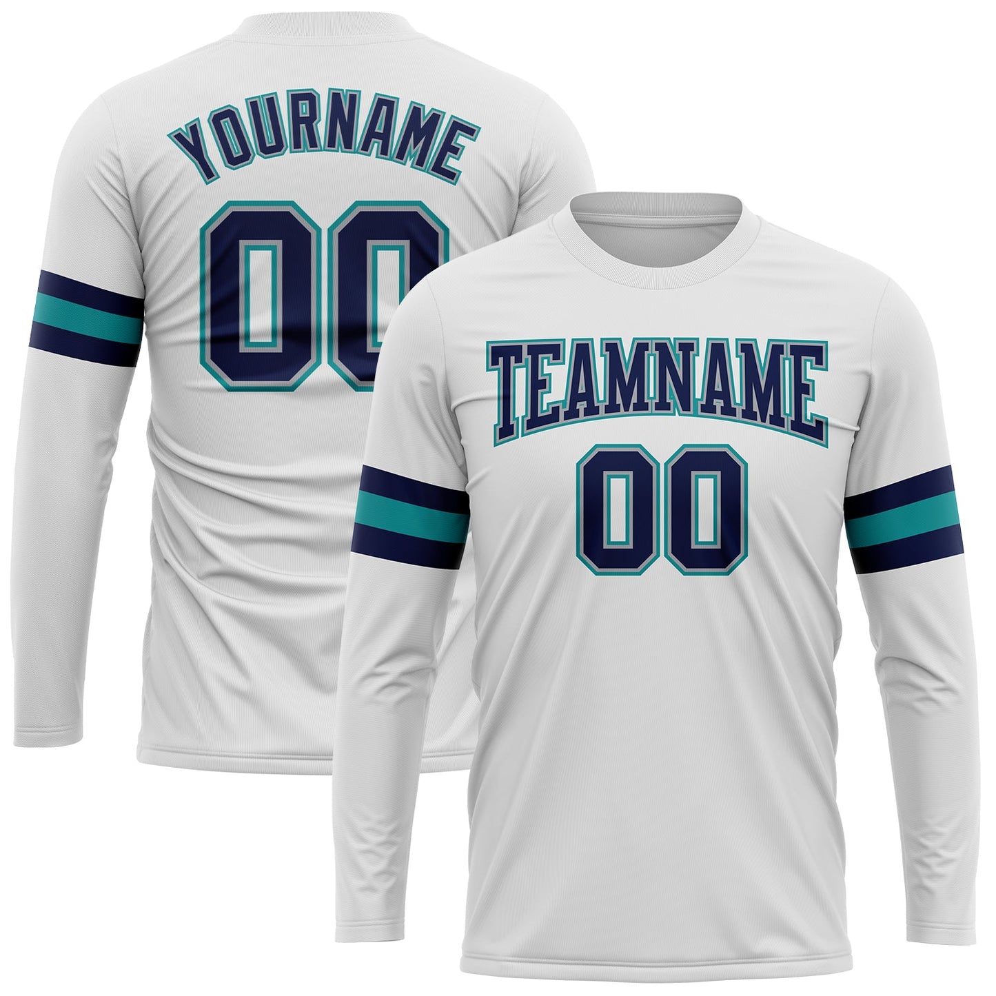 Custom White Navy Gray-Aqua Long Sleeve Performance T-Shirt - Main View