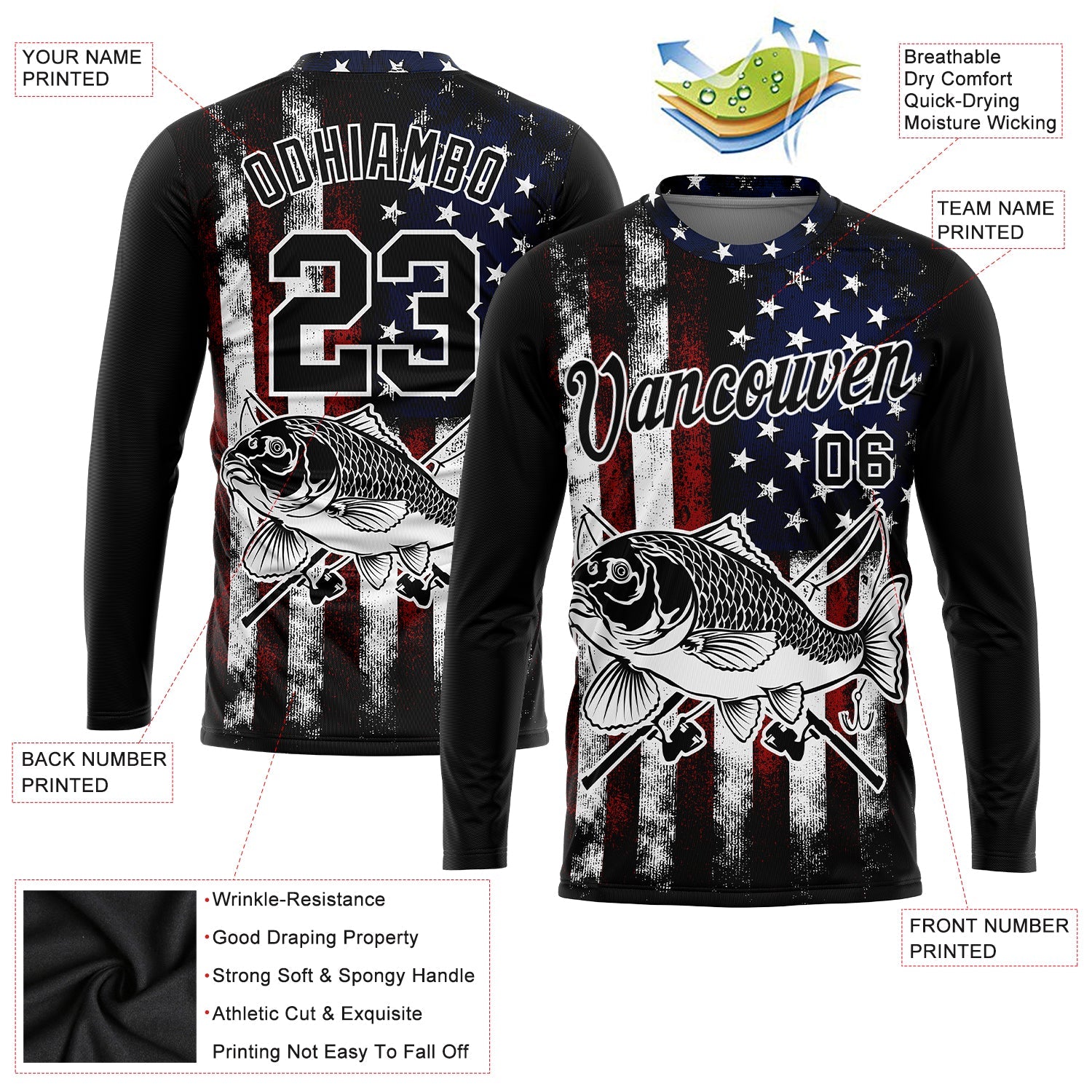 Custom Black Red-Royal 3D American Flag And Carp Fish Fishing Long Sleeve Performance T-Shirt view 2