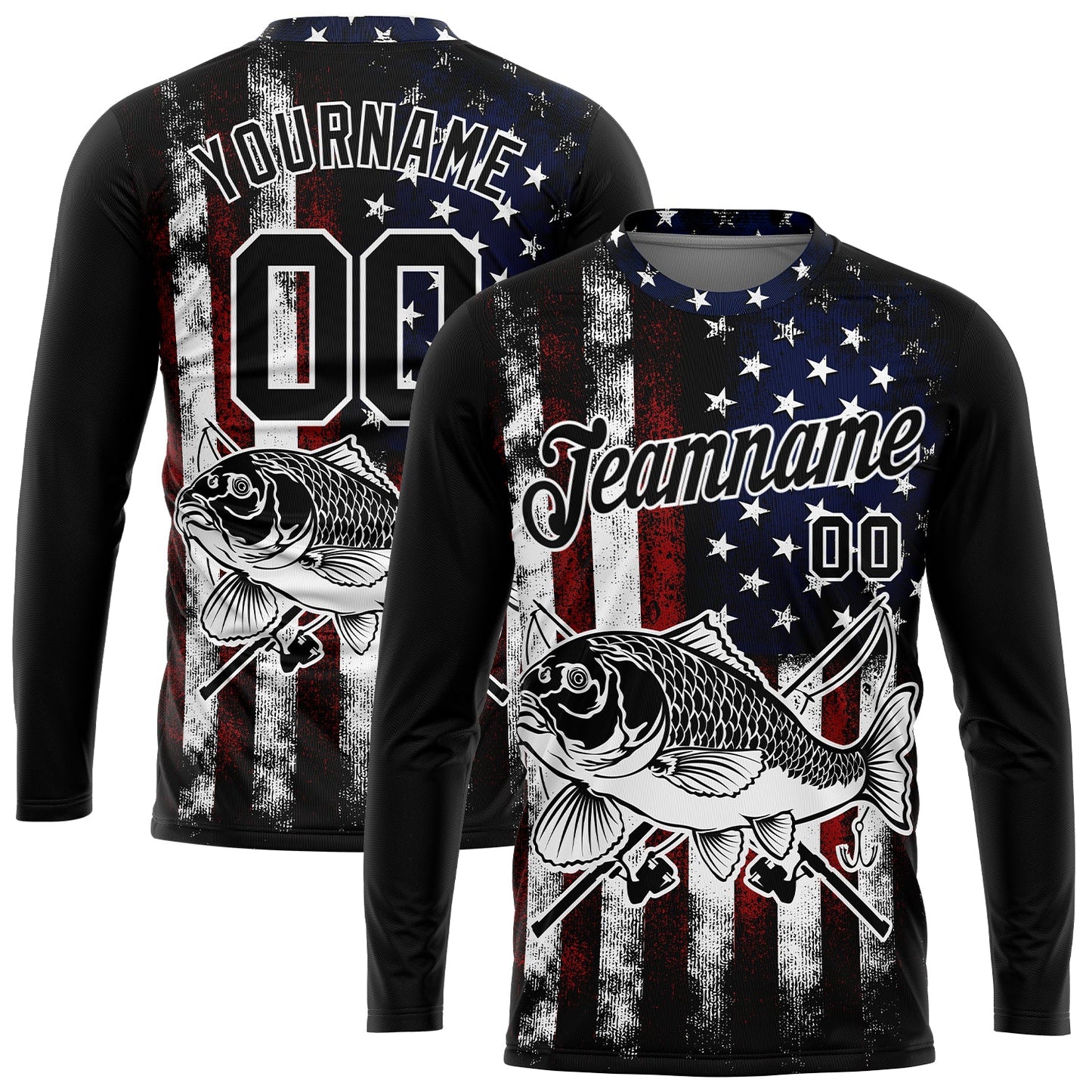 Custom Black Red-Royal 3D American Flag And Carp Fish Fishing Long Sleeve Performance T-Shirt - Main View