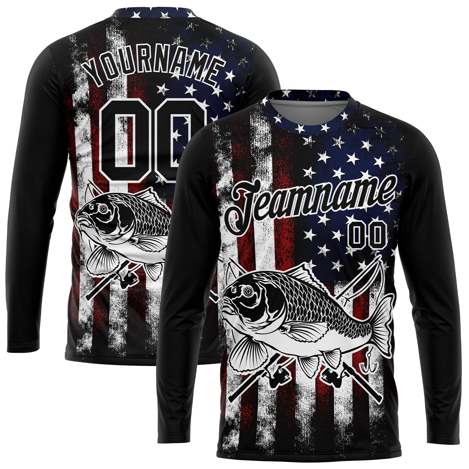 Custom Black Red-Royal 3D American Flag And Carp Fish Fishing Long Sleeve Performance T-Shirt - Main View