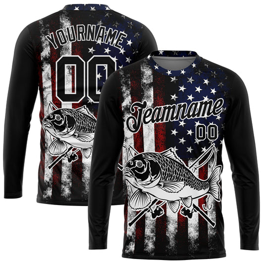 Custom Black Red-Royal 3D American Flag And Carp Fish Fishing Long Sleeve Performance T-Shirt - Main View