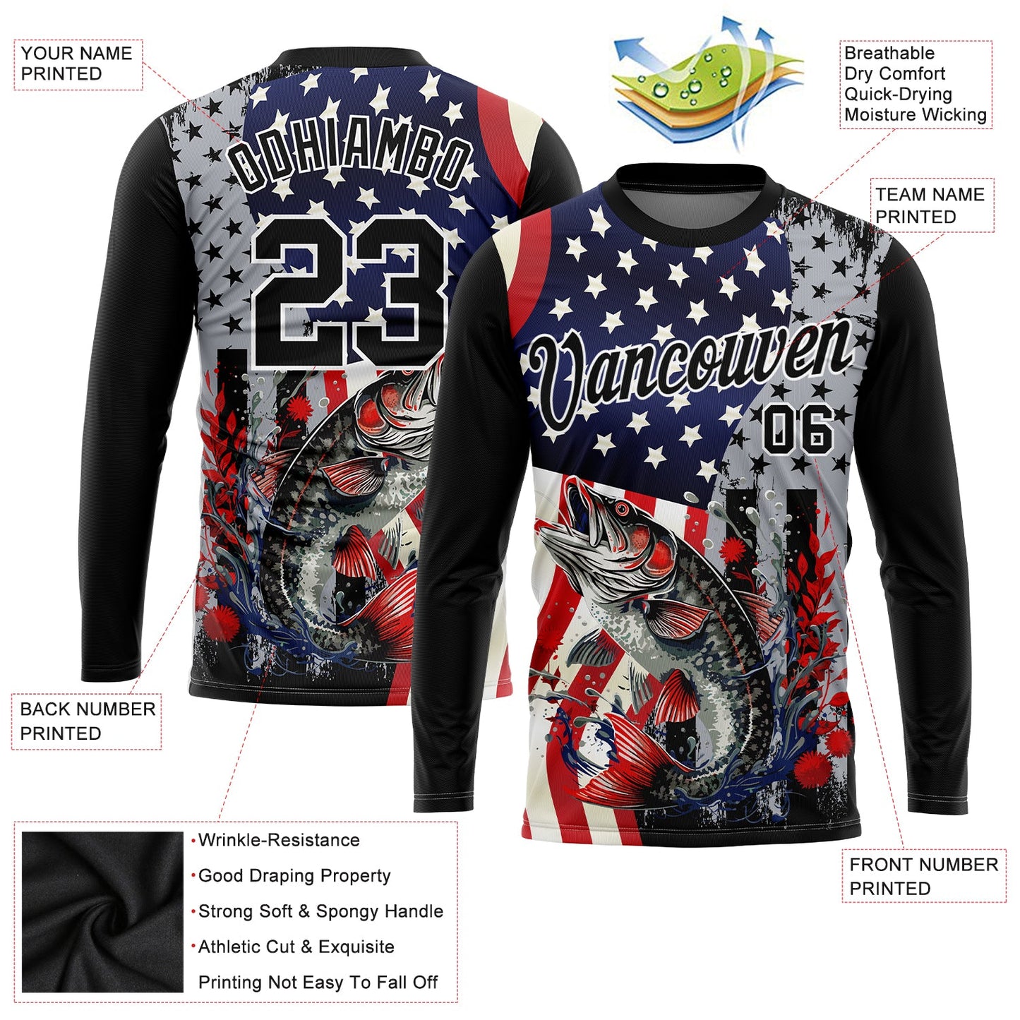 Custom Black Red-Royal 3D American Flag And Fish Fishing Long Sleeve Performance T-Shirt view 2