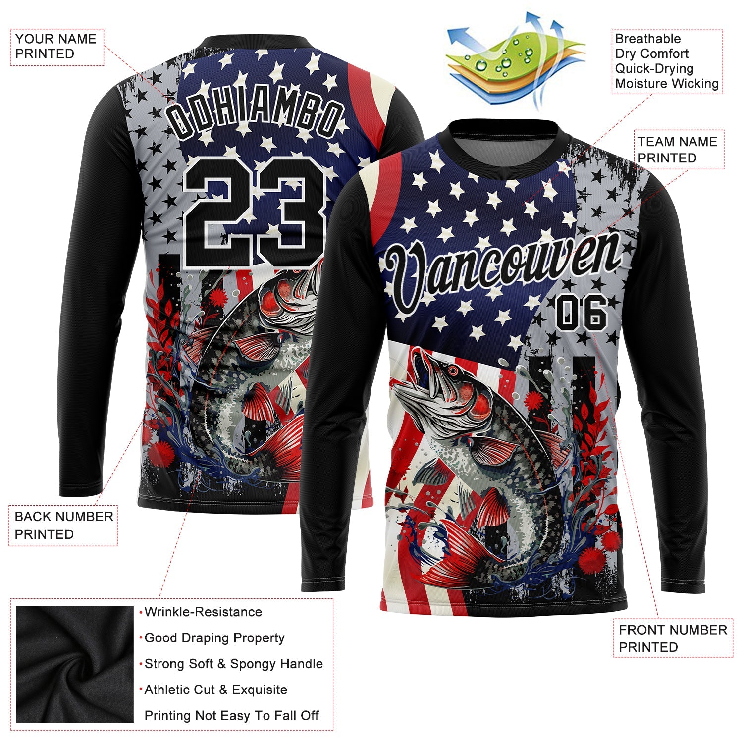 Custom Black Red-Royal 3D American Flag And Fish Fishing Long Sleeve Performance T-Shirt view 2