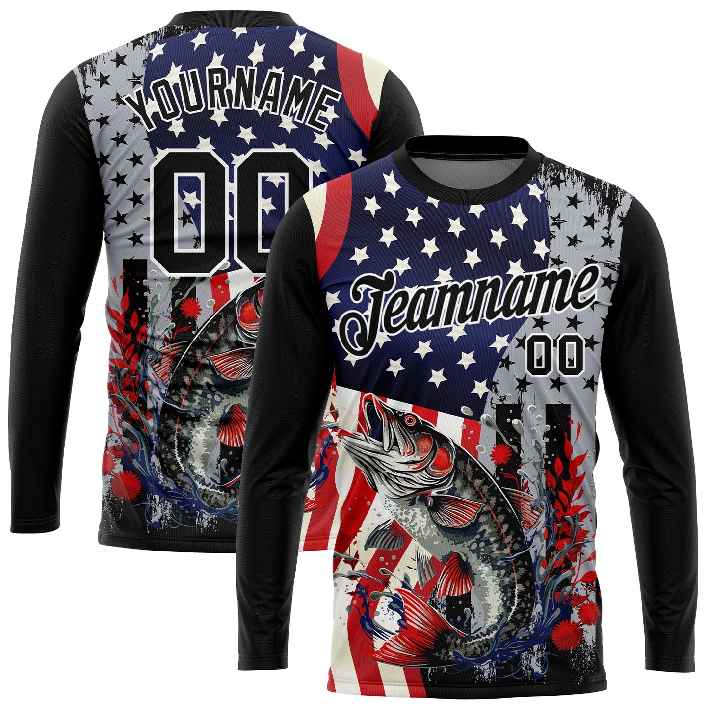 Custom Black Red-Royal 3D American Flag And Fish Fishing Long Sleeve Performance T-Shirt - Main View