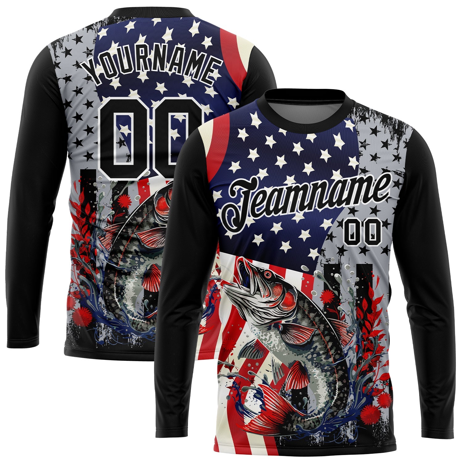 Custom Black Red-Royal 3D American Flag And Fish Fishing Long Sleeve Performance T-Shirt - Main View