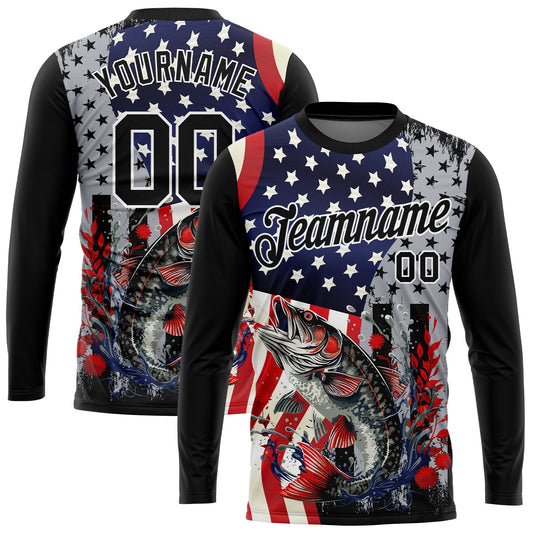 Custom Black Red-Royal 3D American Flag And Fish Fishing Long Sleeve Performance T-Shirt - Main View