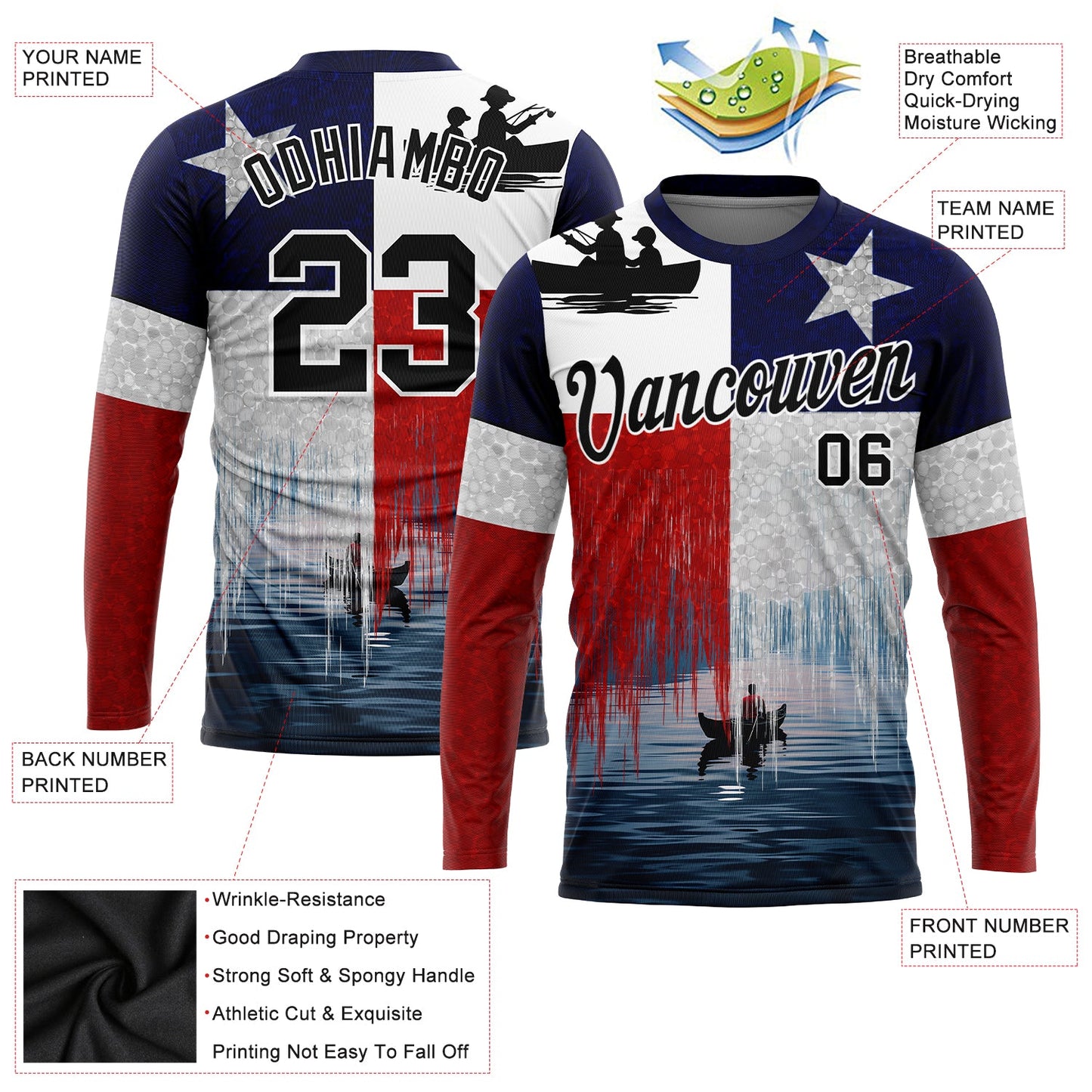 Custom Red Black-Navy 3D Texas Flag And Fish Fishing Long Sleeve Performance T-Shirt view 2