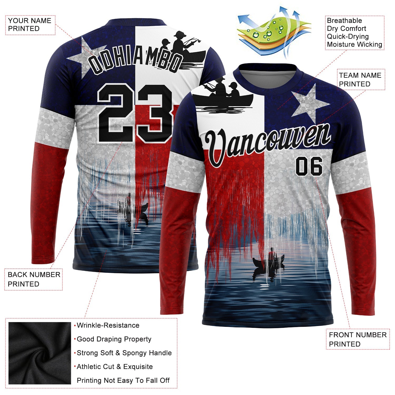 Custom Red Black-Navy 3D Texas Flag And Fish Fishing Long Sleeve Performance T-Shirt view 2