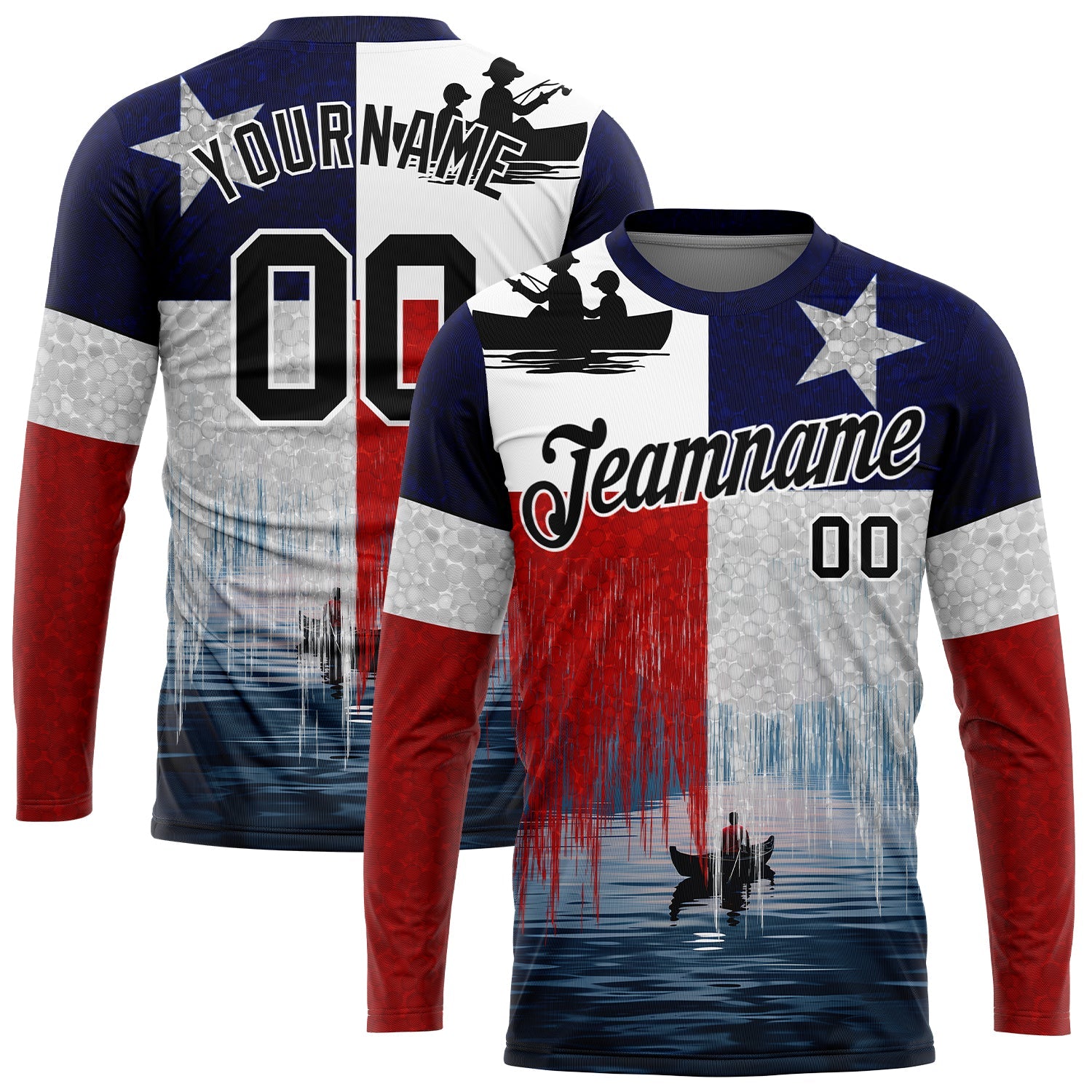 Custom Red Black-Navy 3D Texas Flag And Fish Fishing Long Sleeve Performance T-Shirt - Main View