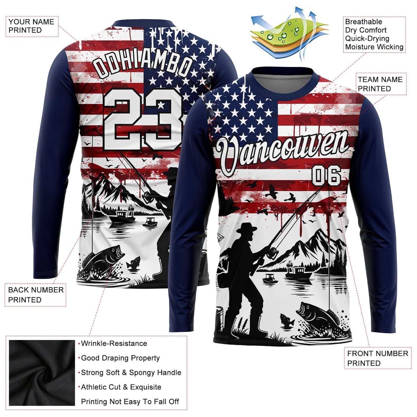 Custom Navy Black-Red 3D American Flag And Fish Fishing Long Sleeve Performance T-Shirt view 2