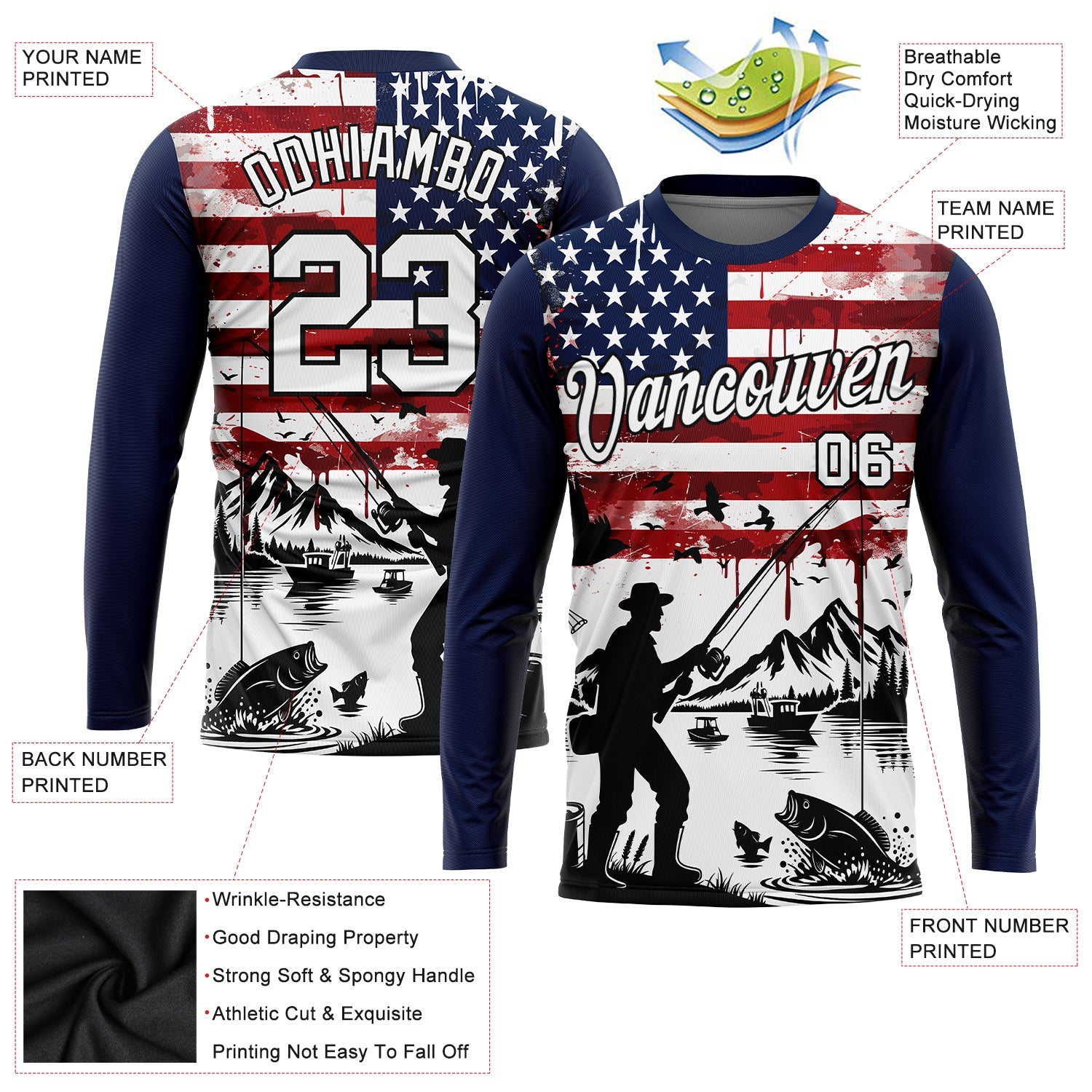 Custom Navy Black-Red 3D American Flag And Fish Fishing Long Sleeve Performance T-Shirt view 2