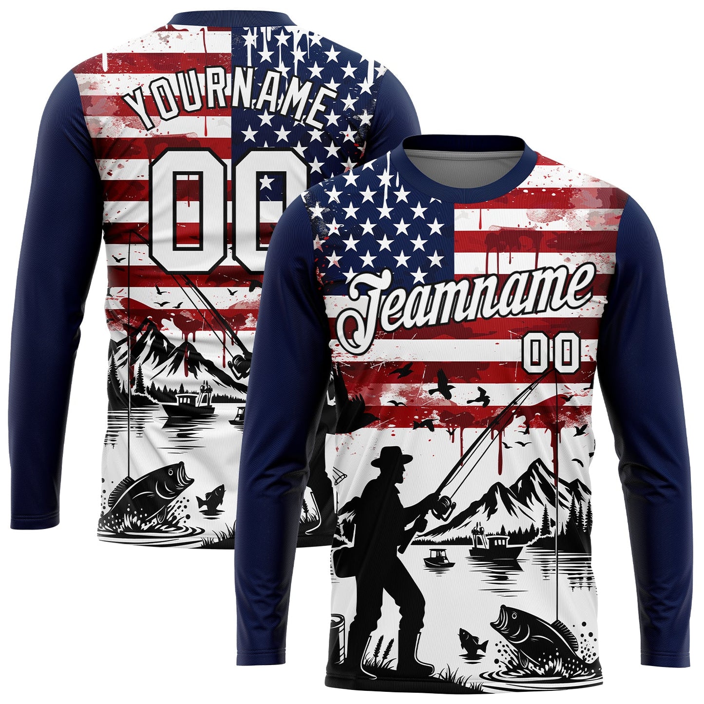 Custom Navy Black-Red 3D American Flag And Fish Fishing Long Sleeve Performance T-Shirt - Main View
