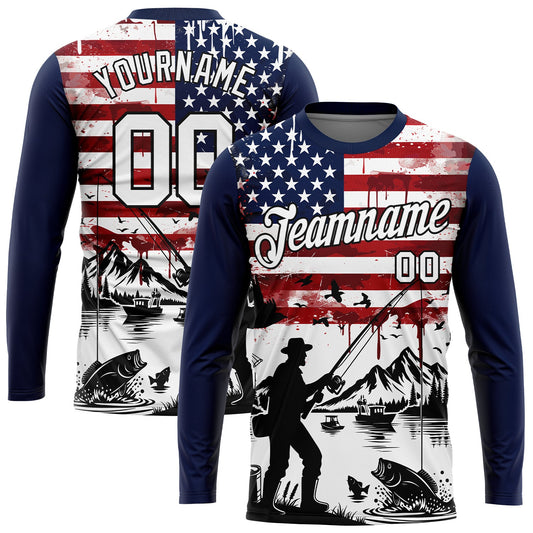 Custom Navy Black-Red 3D American Flag And Fish Fishing Long Sleeve Performance T-Shirt - Main View