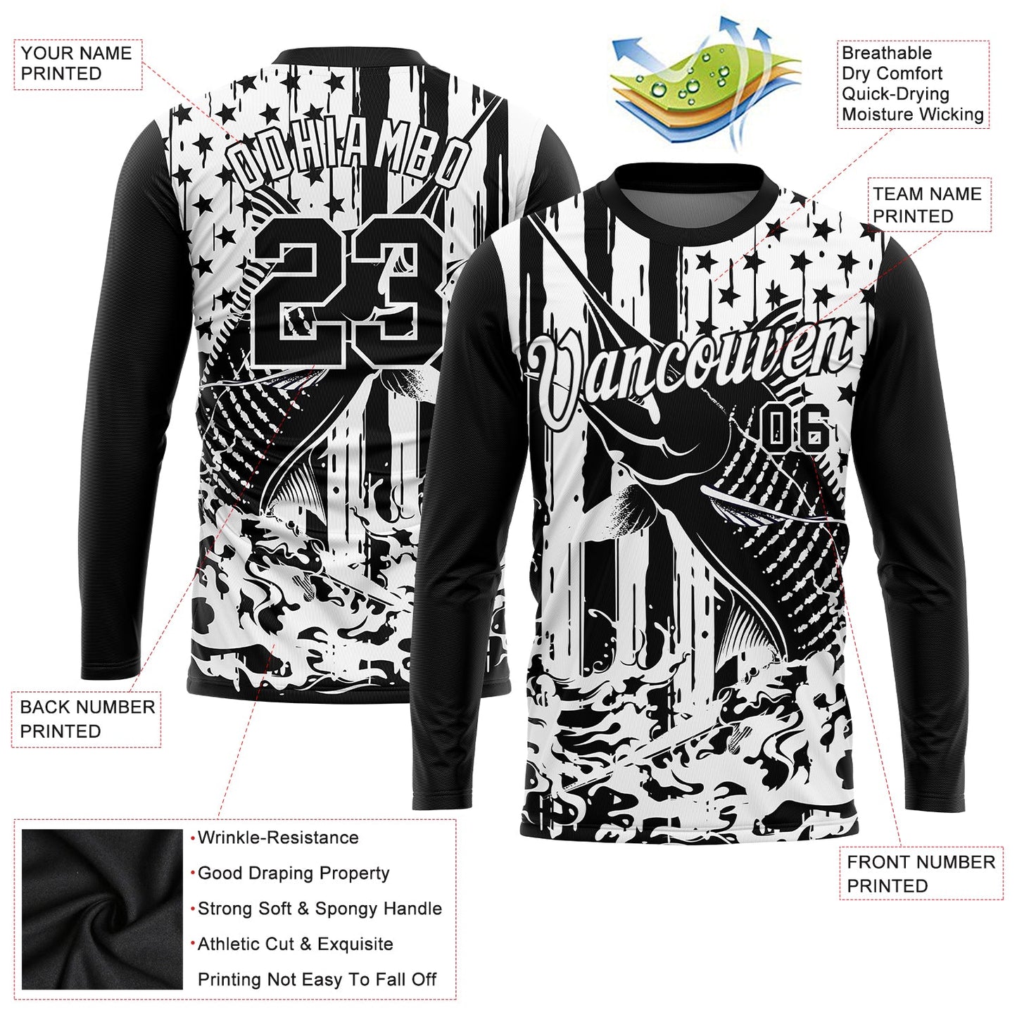 Custom Black White 3D American Flag And Marlin Fish Fishing Long Sleeve Performance T-Shirt view 2