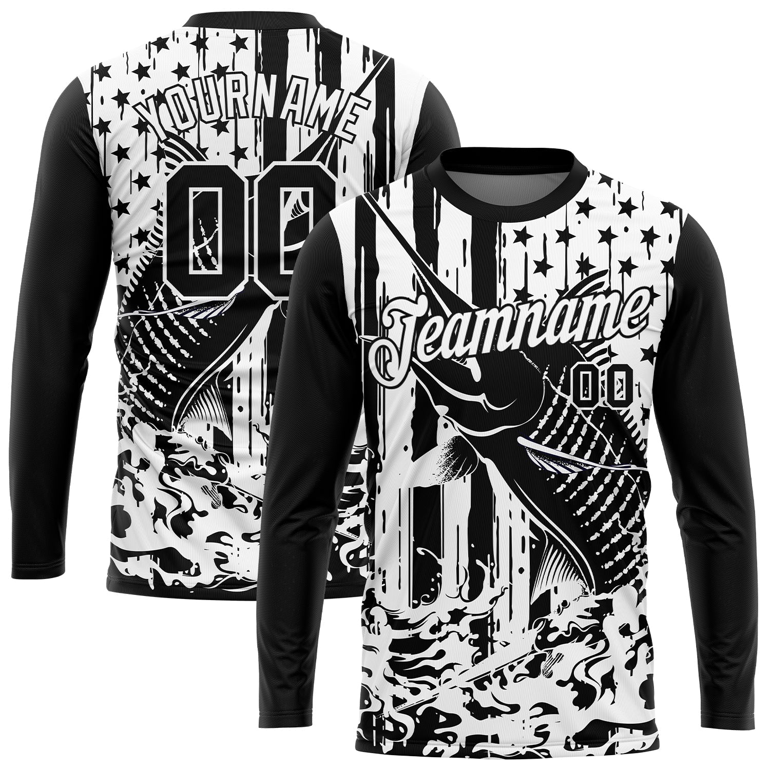 Custom Black White 3D American Flag And Marlin Fish Fishing Long Sleeve Performance T-Shirt - Main View
