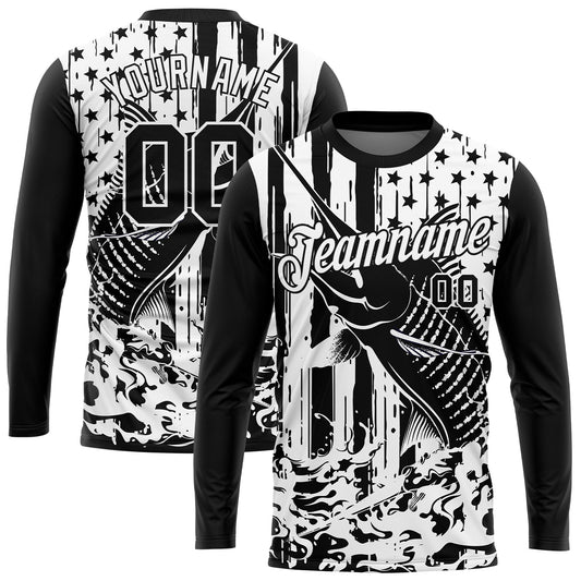 Custom Black White 3D American Flag And Marlin Fish Fishing Long Sleeve Performance T-Shirt - Main View