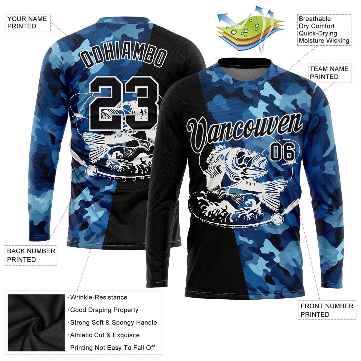 Custom Camo Black-White 3D Fish Fishing Long Sleeve Performance T-Shirt view 2