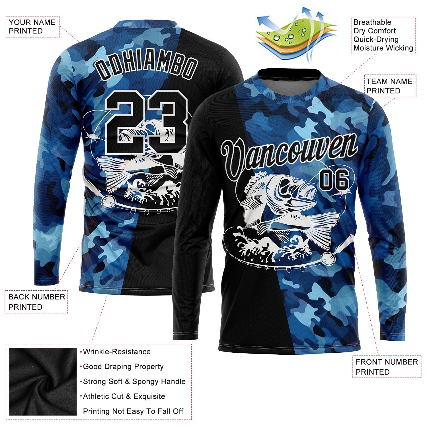 Custom Camo Black-White 3D Fish Fishing Long Sleeve Performance T-Shirt view 2