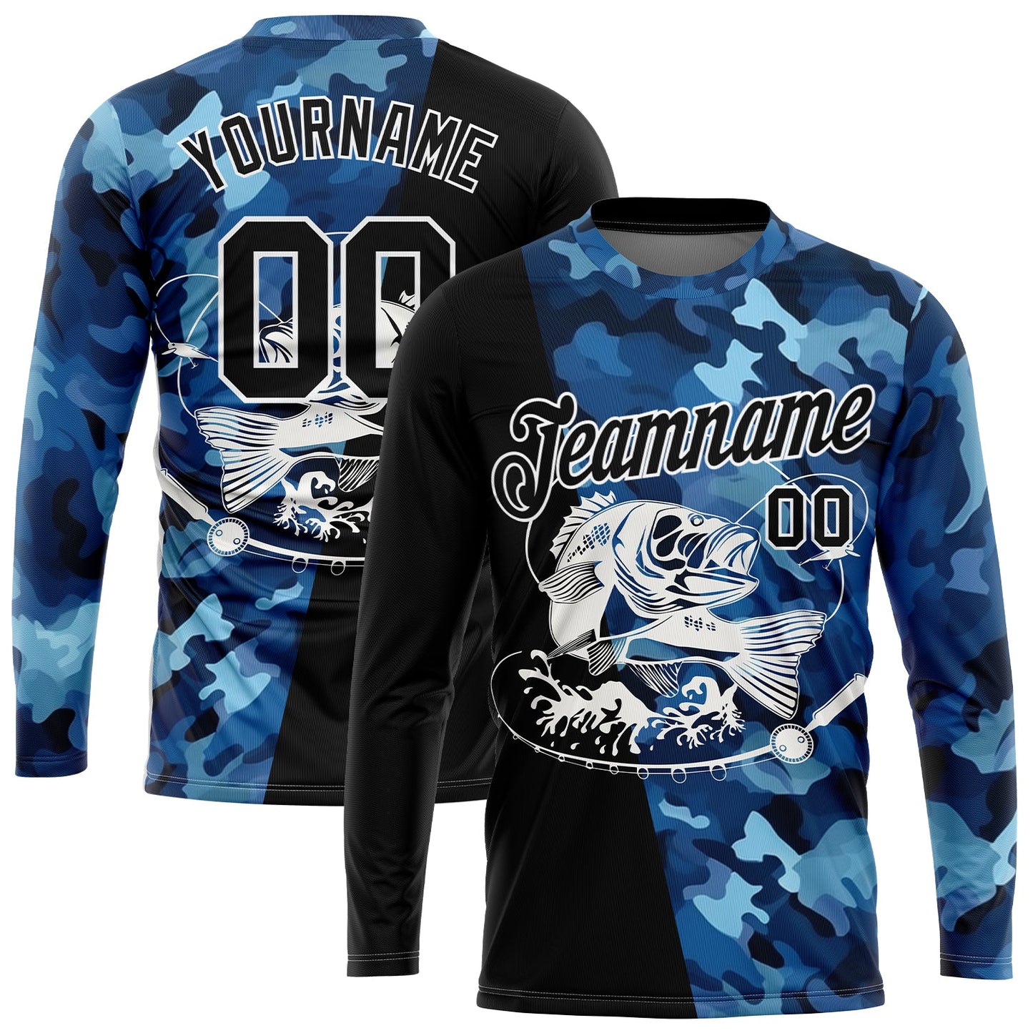 Custom Camo Black-White 3D Fish Fishing Long Sleeve Performance T-Shirt - Main View