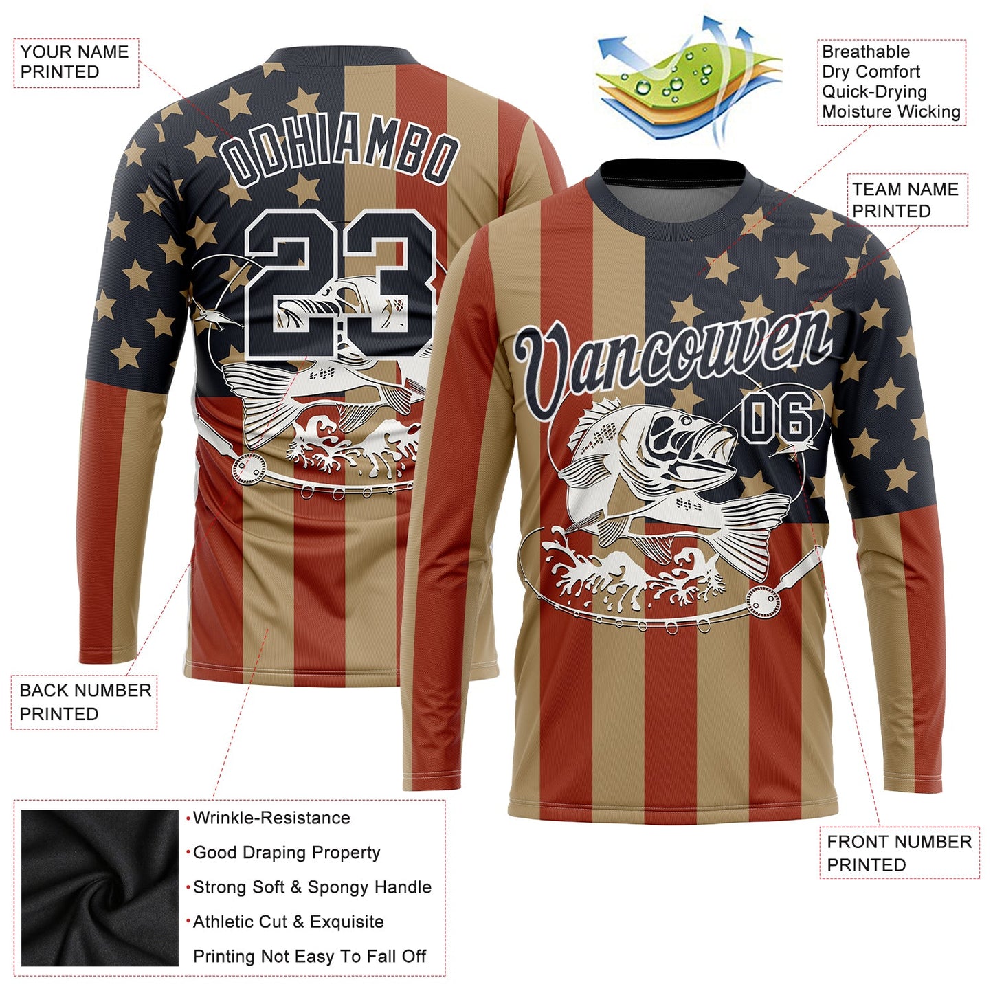 Custom Old Gold Navy-Red 3D American Flag And Fish Fishing Long Sleeve Performance T-Shirt view 2