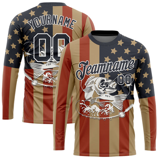 Custom Old Gold Navy-Red 3D American Flag And Fish Fishing Long Sleeve Performance T-Shirt - Main View