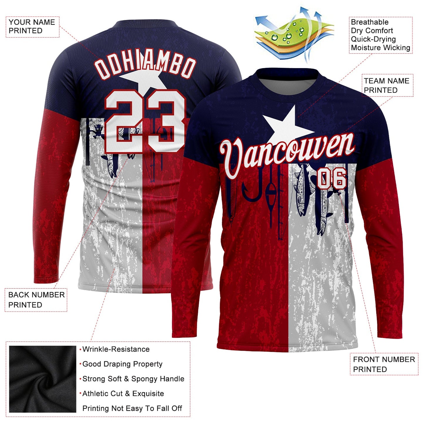 Custom Navy White-Red 3D Texas Flag And Fish Hook Fishing Long Sleeve Performance T-Shirt view 2