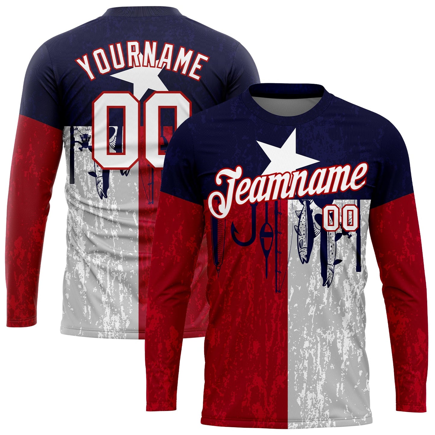 Custom Navy White-Red 3D Texas Flag And Fish Hook Fishing Long Sleeve Performance T-Shirt - Main View