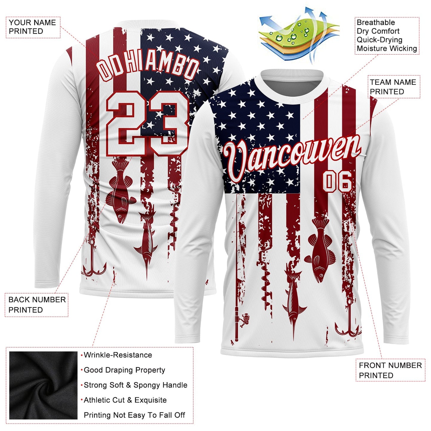 Custom White Red-Navy 3D American Flag And Fish Hook Fishing Long Sleeve Performance T-Shirt view 2