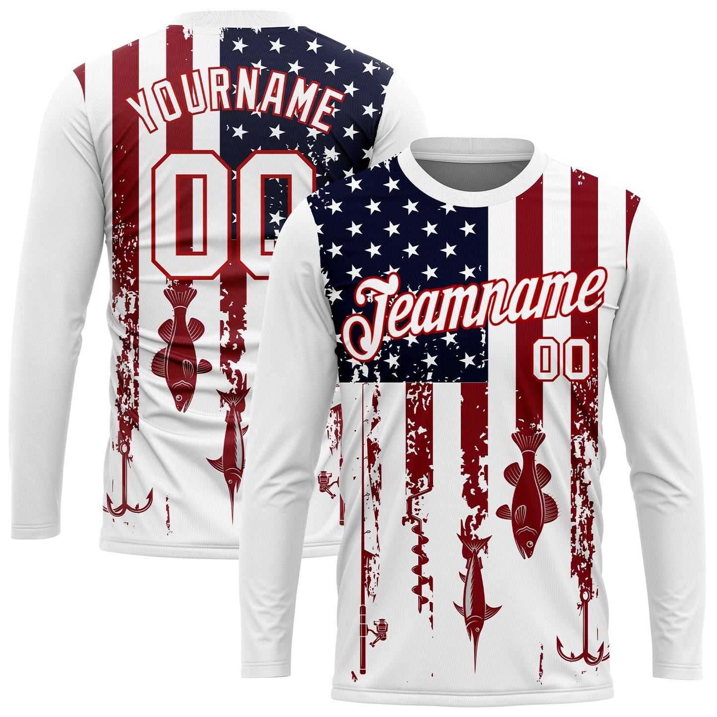 Custom White Red-Navy 3D American Flag And Fish Hook Fishing Long Sleeve Performance T-Shirt - Main View