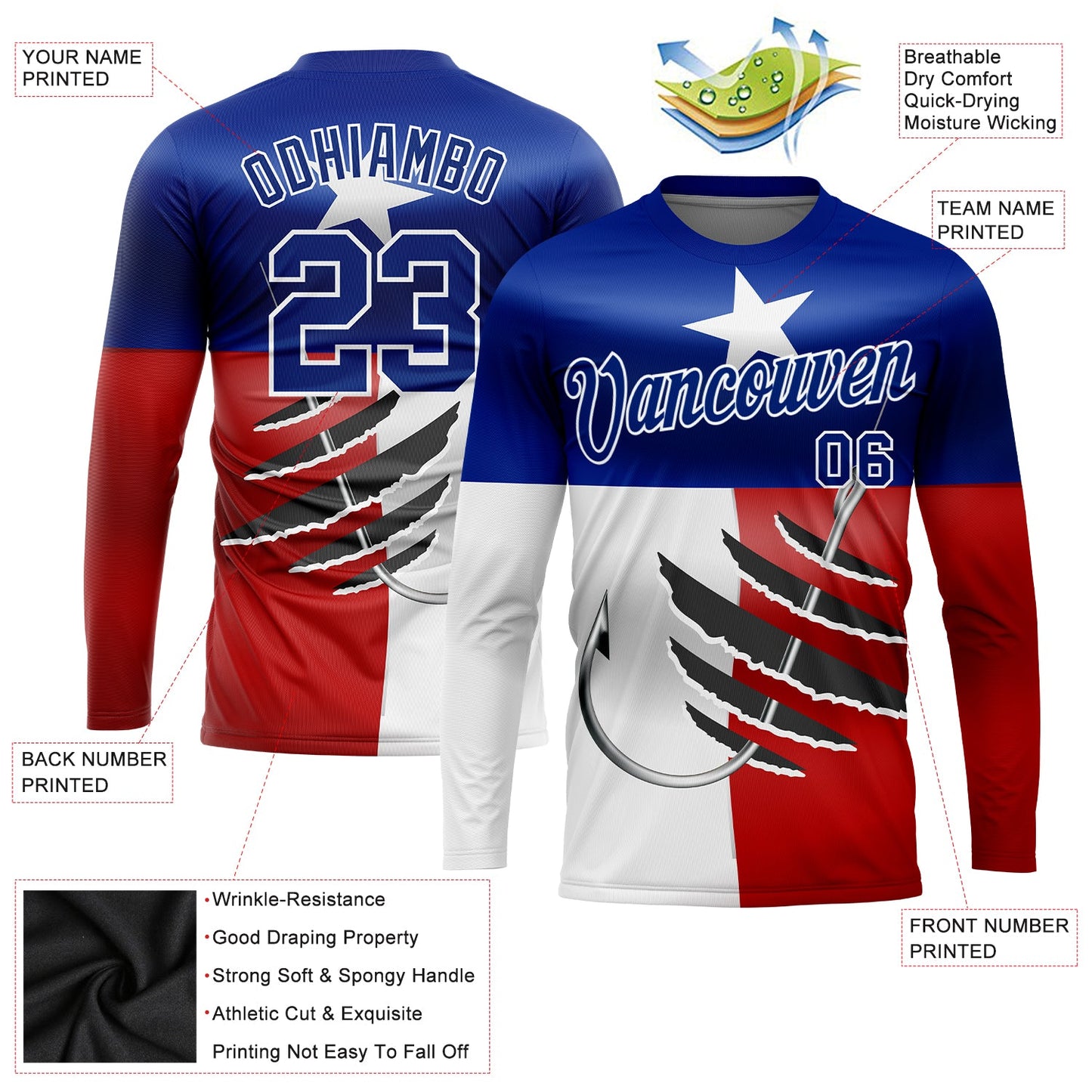 Custom Royal Red-White 3D Texas Flag And Fish Hook Fishing Long Sleeve Performance T-Shirt view 2